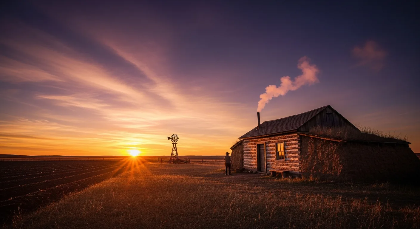 A lone homesteader's log-and-sod cabin on the open Great Plains at dusk, with chimney smoke, a windmill, cultivated furrows and a tiny figure by the door