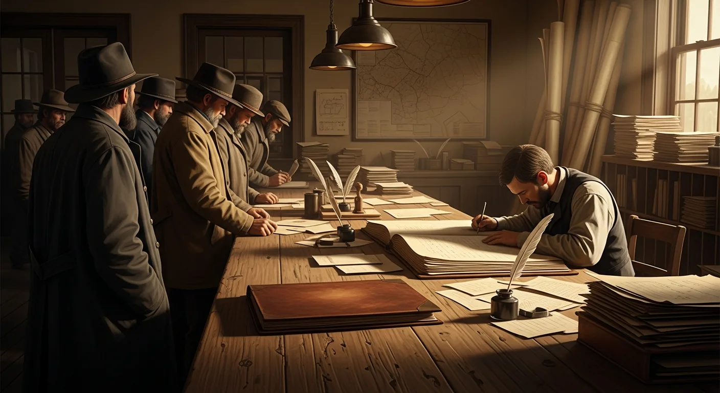 The interior of an 1870s frontier General Land Office with settlers waiting at a wooden counter, a clerk over large ledgers, and rolled survey maps